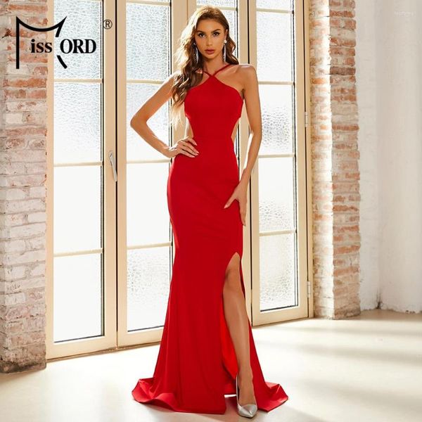 Vestidos casuales Missord Summer Women Sexy Dress Spaghetti Strap Cross Muslo Split Off Shoulder Backless Evening Party Prom Vestido elegante