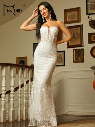 Casual jurken Missord White Lace trouwjurk elegante vrouwen strapless Zie doort bodycon avond sexy lange prom jurk