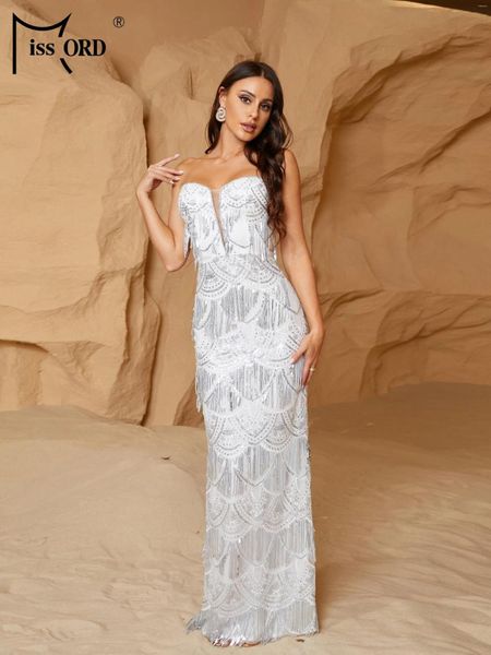 Robes décontractées Missord blanc sans bretelles glands de mariage robe de fête de mariage femme élégante bodycon conème de promotion du sol