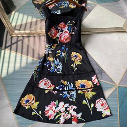Casual jurken miuximao mode runway elegante zomerjurk dames spaghetti riem zwarte tank vintage bloemenprint korte vestidos