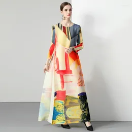 Robes décontractées Miyake surdimensionné robe plissée col rond géométrie imprimer manches longues pour femmes 2023 vêtements d'automne 18962