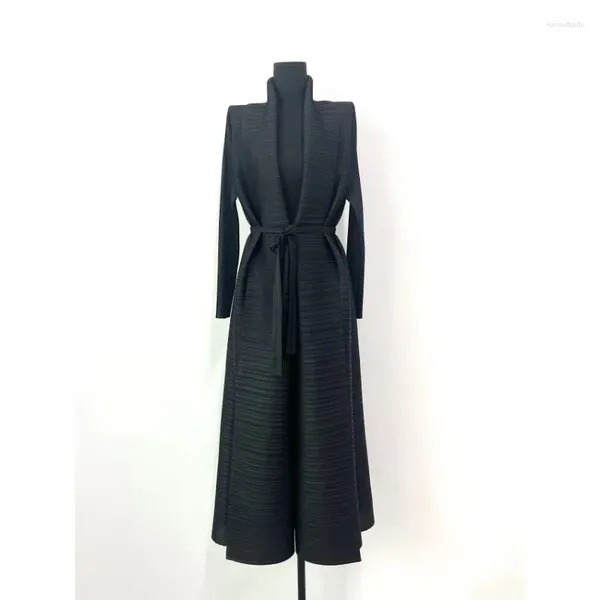 Robes décontractées Miyake plissé robe noire manteau cardigan robe chic revers col froncé maxi jupe femmes 2023 automne hiver streetwear