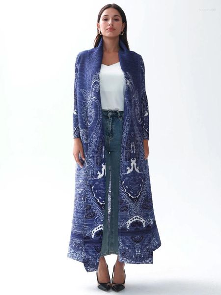Vestidos casuales Miyake Plisado Diseñador original Impreso Abrigo de manga larga Mujeres 2024 Otoño Invierno Abaya Estilo Cardigan Plus Tamaño