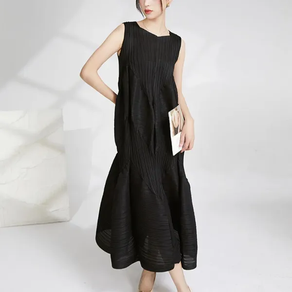 Robes décontractées Miyake Plissé Débardeur Robe Été Femme Une Section Longue Noire Tempérament Senior Mode Europe Amérique Modèles