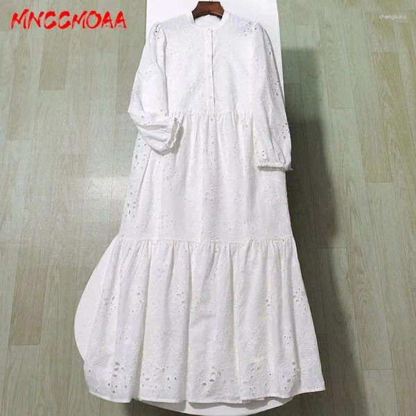 Vestidos casuales MNCCMOAA 2024 Mujeres de alta calidad Moda Blanco Bordado Hueco Midi Vestido Elegante Manga larga Fiesta Vestido femenino