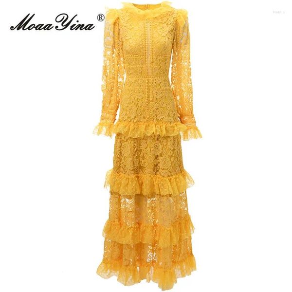 Robes décontractées Moaayina Automne Fashion Designer jaune Vintage en dentelle robe femme lanterne en maille à manches