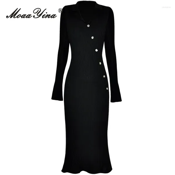 Vestidos casuales moaayina diseñador de moda otoñal negro vintage tejido de punto botón de solapa de mujer alto paquete delgado elástico nalgas largas