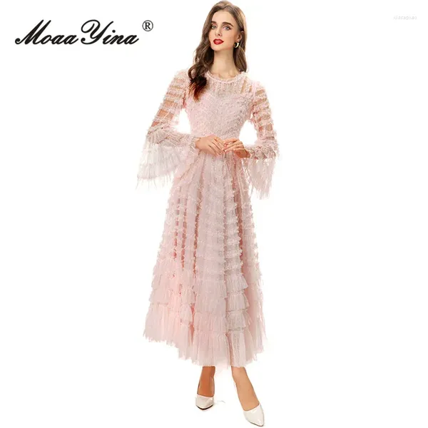 Robes décontractées Moaayina automne créateur de mode rose vintage robe de soirée femme manches évasées cascade volants taille haute mince maille longue