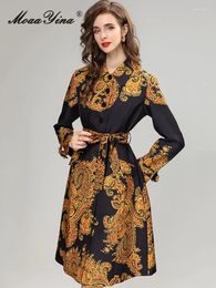 Robes décontractées moaayina automne fashion piste vintage imprimé fête robe femme repeuple simple poitrine poitrine