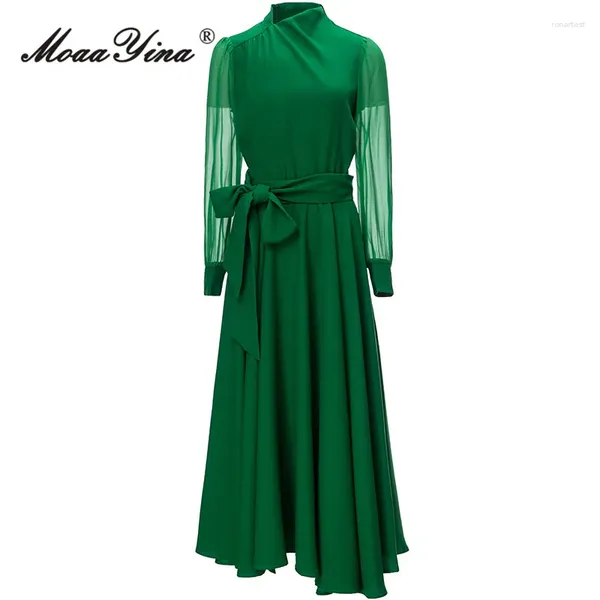 Vestidos informales Moaayina Fashion Pista de moda verde Vintage Vintage Mujeres V Cuello de manga larga Frenulum Cabecida cintura delgada