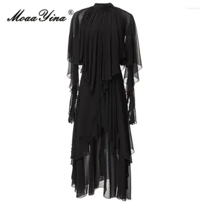 Robes décontractées Moaayina Fashion Designer Summer Summer Vintage Murffon Robe Women's Stand Collar Irrégularity Ruffles Holiday Party Black Long