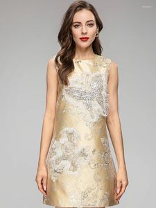 Casual jurken moaayina modeontwerper jurk zomer dames o-neck mouwloze kristal kanten kralen bloemen print feest kort