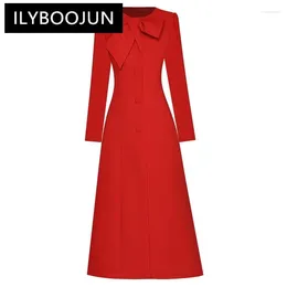 Casual jurken moaayina mode runway jurk herfst winter vrouwen o-neck boog lange mouw single borsten split dikker rood rood