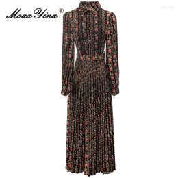 Casual jurken MoaaYina lente modeontwerper vintage bloemenprint jurk dames revers knop sjerpen verzamelde taille slank geplooid lang