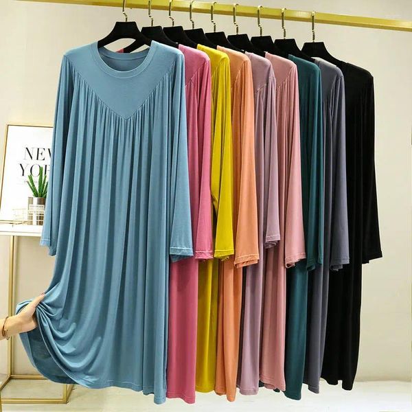 Vestidos casuales Modal con cuello en V vestido drapeado Mangas largas sueltas plisadas Sleepdress Color Sólido Camisón de mujer Homewear