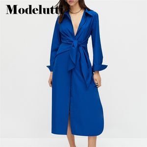 Casual jurken Modelutti Spring Lange Mouw Zij knoopontwerp Poplin vrouwen Solid kleur Elegant eenvoudig vrouwelijk gewaad 220913