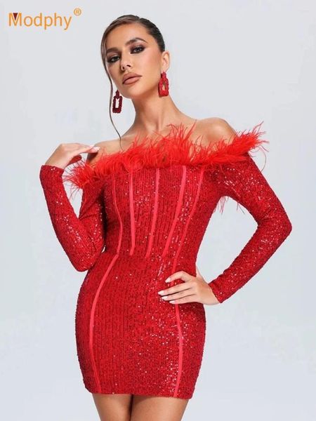 Vestidos casuales Modphy Sexy Off Hombro Pluma Lentejuela Mini Vestido Mujeres Rojo Negro Slash Cuello Mangas largas Bodycon Elegante Fiesta de noche