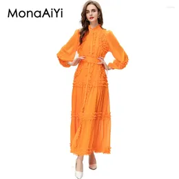 Robes décontractées Monaaiyi Fashion Designer Col montant pour femme Translucide Manches bouffantes Ceinture détachable Volants Patchwork Robe orange