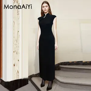 Casual jurken Monaaiyi Fashion Women's Stand-Up kraag gebreide mouwloze Chinese stijl vintage heup wrap gesplitste elastische taille maxi jurk