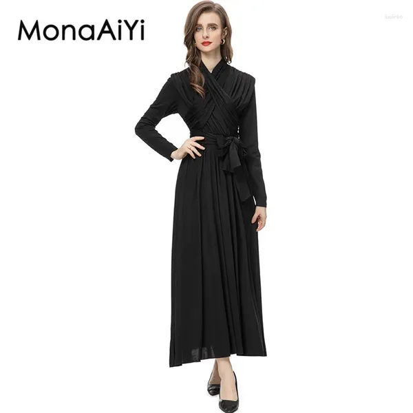 Robes décontractées Monaaiyi piste robe de créateur de mode femme col en V croix plissée ceinture style britannique élégant noir formel 2024
