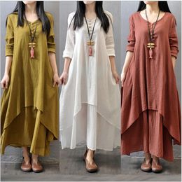 Casual jurken Moonbiffy elegante katoenen linnenjurken voor vrouwen Mori Girl Style Casual Dress Plus Size Loose Long Sleeve Robe Club Outfits 230313