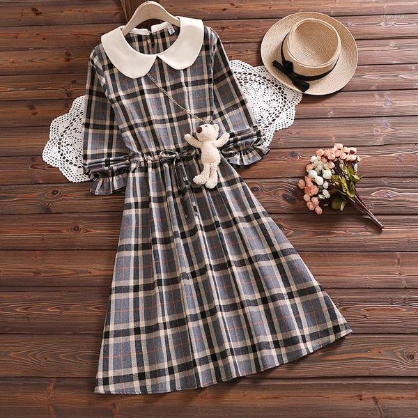 Vestidos casuales Mori Girl Lindo Kawaii Sweet Vestido Autumn Fashion Vestidos Vintage Plaid Vestidos