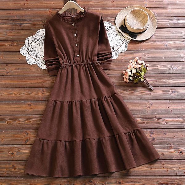 Vestidos casuales Mori Girl Cute Kawaii Sweet Dress Otoño Moda Manga larga Pana Mujeres Vintage Vestidos