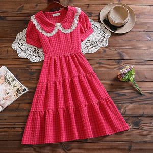 Casual jurken Mori Girl plaid vestidos zomer mode korte mouw vrouwen rode jurk