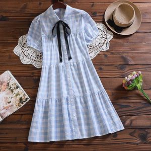 Casual jurken Mori Girl plaid vestidos zomer mode korte mouw vrouwen zoete jurk