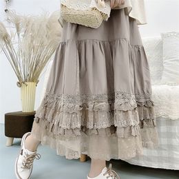 Casual jurken Mori Girl -stijl Retro Pure katoen Meerlagige zomer kanten elastische taille losse cake rok lolita petticoat midi saia 220902