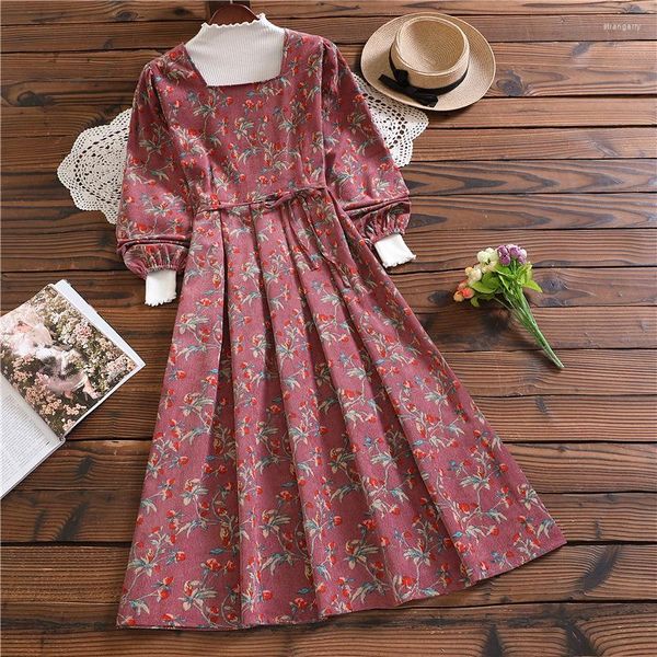 Vestidos casuales Mori Girl Estilo vintage Vestido de pana con estampado floral Mujer Primavera Otoño Manga larga Cuello cuadrado Elegante