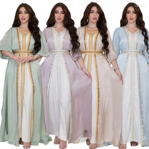 Robes décontractées marocain Caftan Luxury 2023 Silk Satin Elegant Lantern Mancheve 3pcs Robe Diamonds Abaya Muslim sets Ramadan pour les femmes