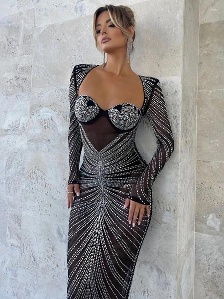 Robes décontractées Mozision Glitter Mesh Voir à travers la fête Maxi Robe pour femmes Mode Pleine manches Bodycon Sexy Club Longue Soirée Robe