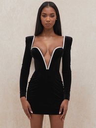 Casual jurken mozision lange mouw sexy Deep V nek bedraad diamante kristal gevulde moet bodycon outfits dames winter fluwelen feestjurk p230407