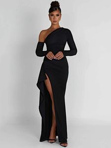 Casual Jurken Mozision Schuine Schouder Dij Hoge Split Maxi Jurk Vrouwen Lange Mouw Backless Bodycon Sexy Club Party Vestidos