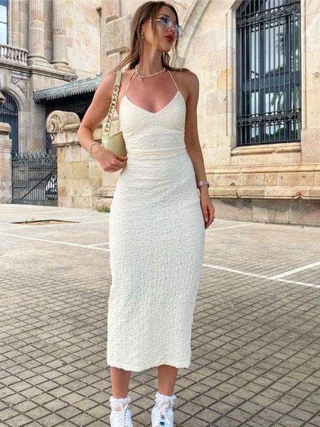 Vestidos casuales Mozision blanco Halter espalda descubierta Midi vestido para mujer vestido de verano Hollout corte con cordones Sexy Vestidos largos 2023