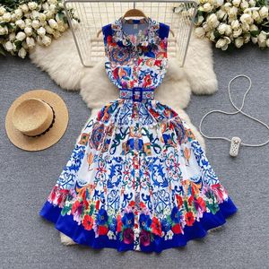 Robes décontractées Msharbor French Court Style Flower Imprimer Robe 2024 Viete sans manches Single Big Big Swing Holiday Dating Dames