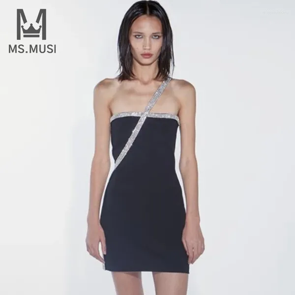 Vestidos informales MSMUSI 2024 Moda Mujeres Sexy Correa Un Hombro Lentejuelas de Cristal Sin Mangas Sin Respaldo Vendaje Fiesta Club Bodycon Mini Vestido