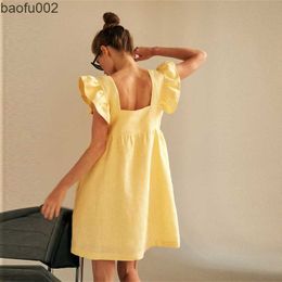 Casual jurken muiches casual vierkante kraag vlinder mouw mini zoete jurk vrouw backless hoge taille losse linnen vast jurk 2021 zomer w0315