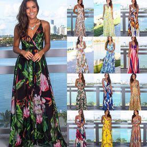 Casual jurken Multi-kleuren tropische jungle blad Boheemse lange jurk Suspender Cross terug vrouw V-hals 2022 feestavond elegante sexy jurk1