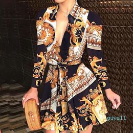 Robes décontractées Multi Print Button Dip Hem Sash Sexy Fashion Woman Dress Long Sleeve Turn