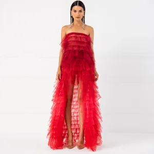 Casual jurken Multicolor High Low Low Tule Jurk Elastic Strapless Tiered Mesh Birthday Party Red Maxi Prom Jurk Summer Beach