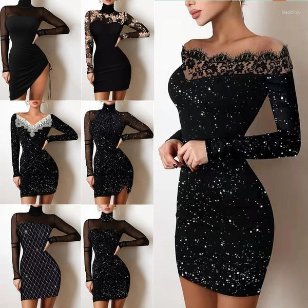 Robes décontractées Plusieurs styles Black Shine Sexy Mini Robe de bal Femme Élégante Mode Bodycon Party Wear