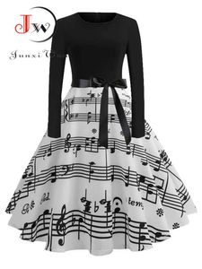 Robes décontractées Note de musique Imprimer Robe de soirée élégante Femmes 50s 60s Rétro Vintage Robe Rockabilly Hiver Midi Y2302