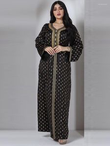 Casual jurken moslim 2023 vintage bronzing print zwarte jurk diamanten v nek lange mouw losse abaya saoedi -Arabië voor vrouwen