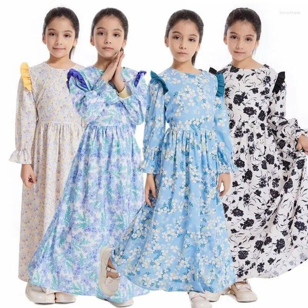 Robes décontractées pour enfants musulmans Abaya Imprimé floral robe à manches longues marocain Turquie Kaftan Arabe Robe Holiday Party Eid Prayer Robe