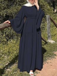 Casual Jurken Moslim Lente Effen Kleur Mode Vrouwen Jurk O-hals Lange Mouw Abaya Maxi Zonnejurk Elegante Casual Kaftan Vakantie Gewaad