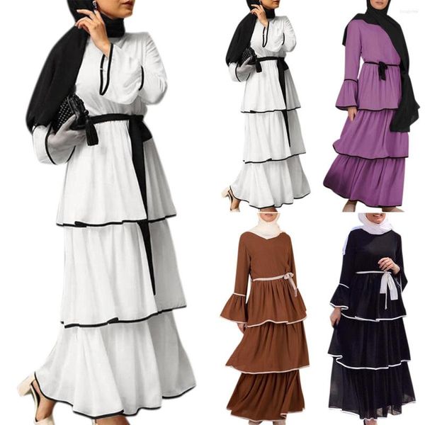 Robes décontractées femmes musulmanes jupe évasée forme de gâteau à manches longues Robe en couches prière islamique Jibab volant solide robe de mode arabe