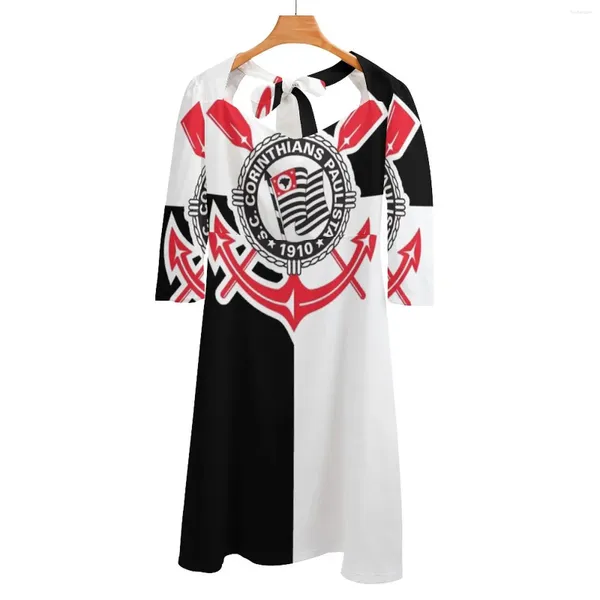 Vestidos casuales My City Colors Corinthians de Brasil Atrás Cordón Vestido sin respaldo Cuello cuadrado Diseño de moda Tamaño grande suelto