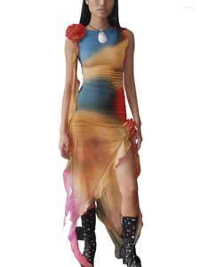 Robes Décontractées MYBFYABO Femmes Y2K Volants Robe Fringe Sans Bretelles 3D Fleur Glands Irrégulier Voir À Travers Beach Party Club Wear